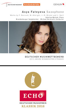 Marking the third Echo Klassik Award for GENUIN, Asya Fateyeva’s debut release has won a prize in the Newcomer of the Year category Saxophonist Asya Fateyeva wins 2016 ECHO Klassik Award
